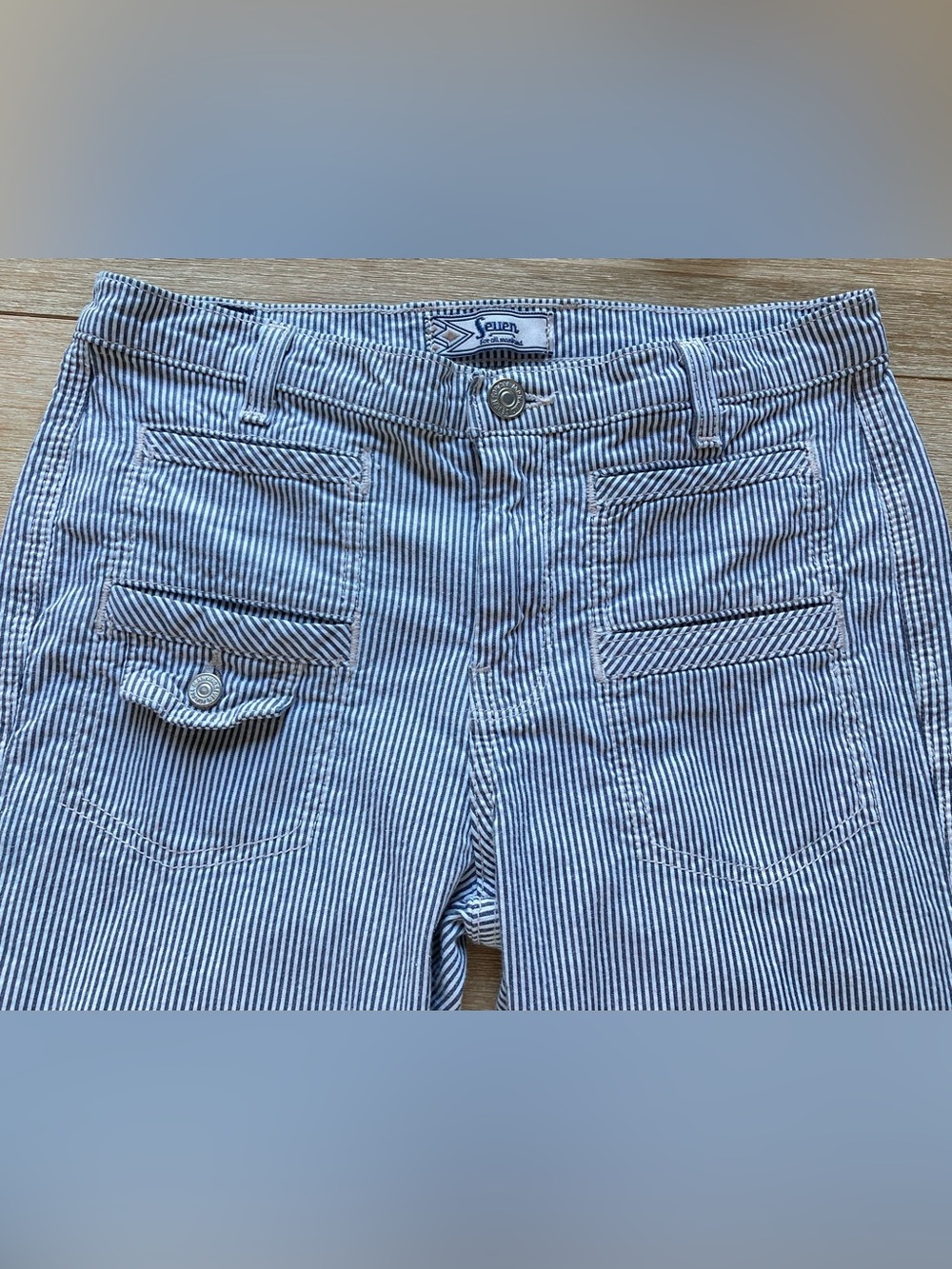 Seven For All Mankind Dojo Flare Jeans 26 Blue White Railroad Stripe - Picture 5 of 15